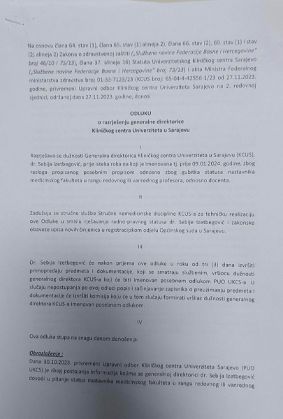 Sebija Izetbegović tvrdi da će tužiti UO KCUS, da li je njena smjena legalna? Pogledajte dokumentaciju…