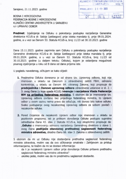 Sebija Izetbegović tvrdi da će tužiti UO KCUS, da li je njena smjena legalna? Pogledajte dokumentaciju…